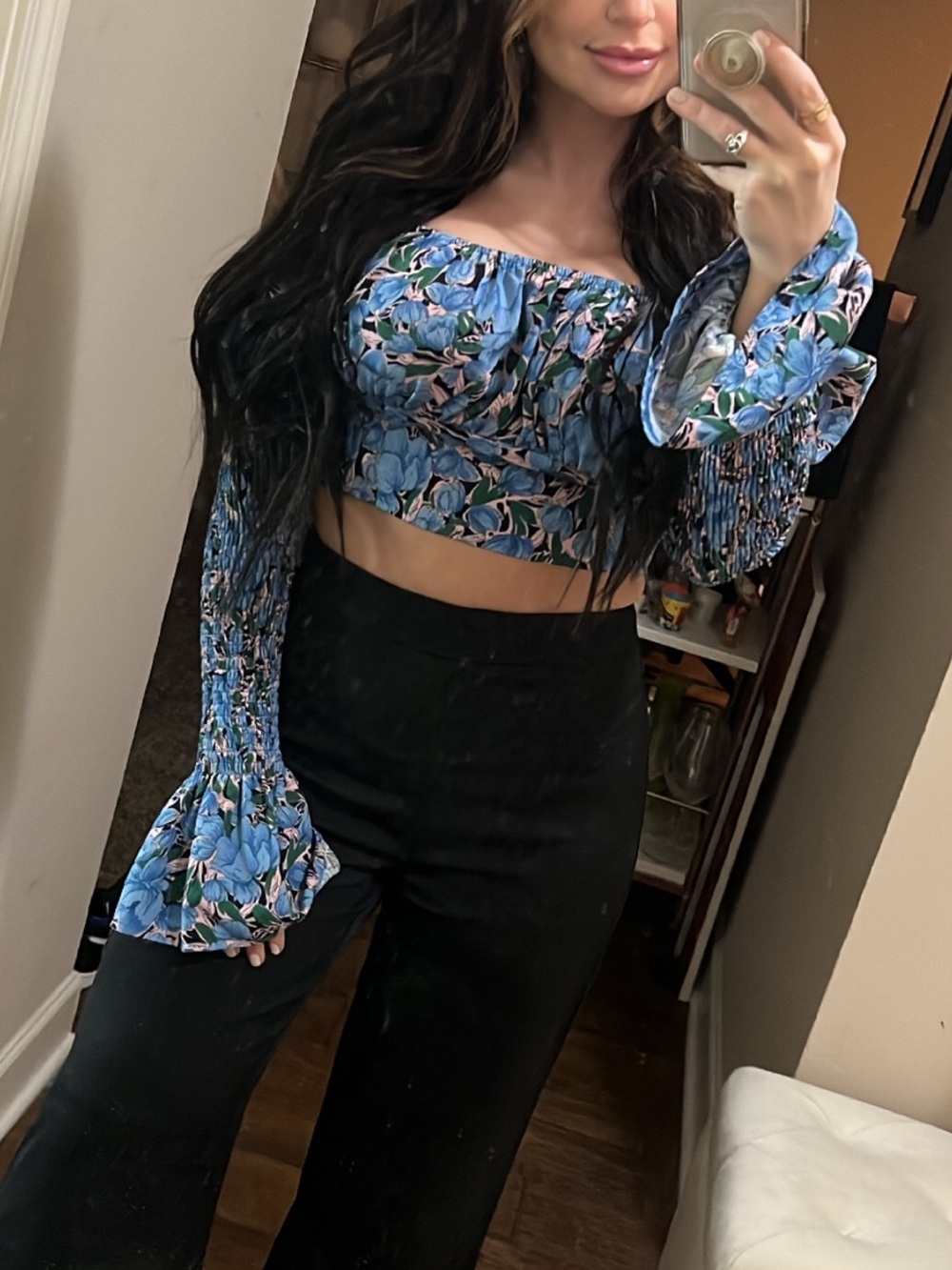 Missguided + Blue Floral Off-Shoulder Smocked Bell Sleeve Crop Top